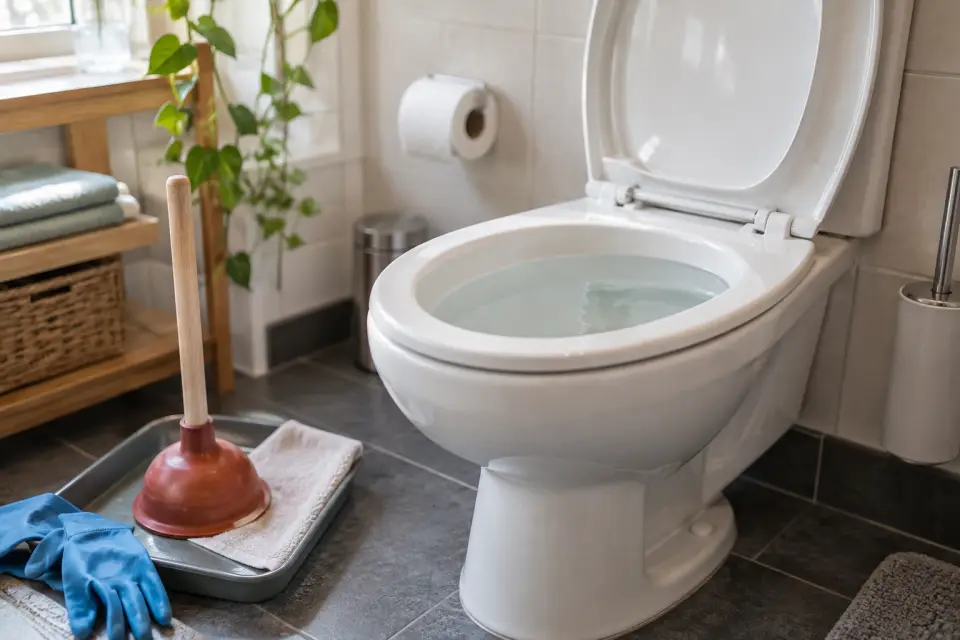 Verstopftes WC mit erhöhtem Wasserstand und bereitliegender Saugglocke in einem gepflegten Badezimmer